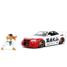 1:24 2002 Nissan Skyline GTR-4 (R34) with Ryu figure - Street Fighter Diecast Car