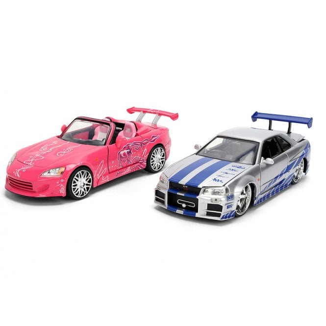 1:24 Fast & Furious 25th Anniversary Brian's Nissan Skyline GT-R (R34) Silver Metallic & Suki's Honda S2000 Pink Model Car Set