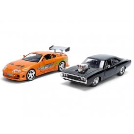 1:24 Fast & Furious 25th Anniversary Dom's 1970 Dodge Charger R/T Black and Brian's Toyota Supra Orange Model Car Set