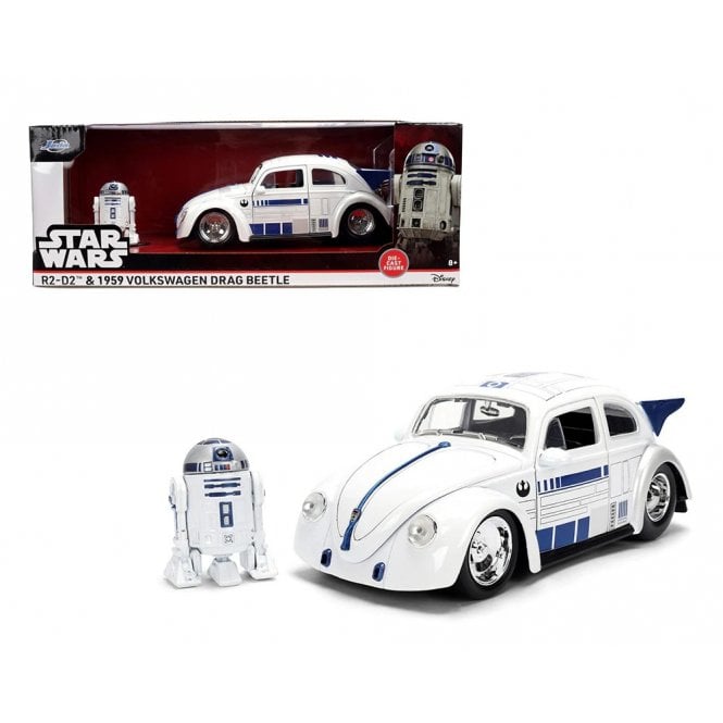 1:24 Hollywood Rides - Star Wars 1959 Volkswagen VW Drag Beetle Model Car & R2D2 Figure