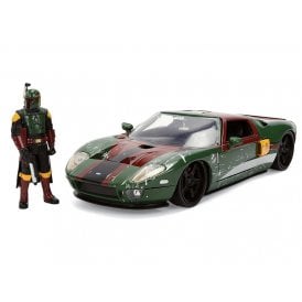 1:24 Hollywood Rides - Star Wars 2005 Ford GT Green (Weathered) Model Car & Boba Fett Figure