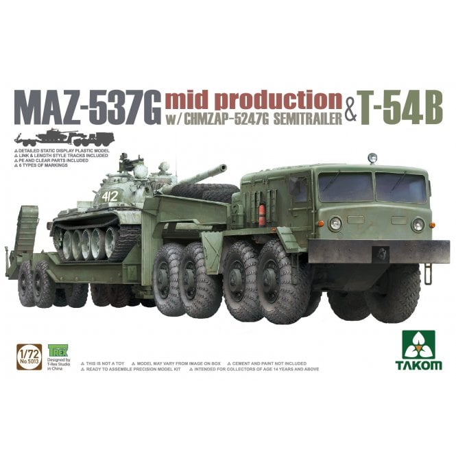 1:72 MAZ-537G (mid) + CHMZAP-5247G Semitrailer & T-54B Model Military Kit